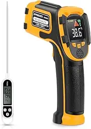 Infrared Thermometer Non-Contact Digital Laser Temperature Gun with Color Display -58℉～1112℉(-50℃～600℃) Adjustable Emissivity - Temperature Probe for Cooking/BBQ/Freezer - Meat Thermometer Included