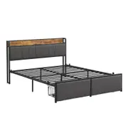 IHOMDEC Double Size Metal & Wood Bed Frame 2 Plug Outlets &1 USB ports and 1 Type C Charging Station and 2 Drawers BED04 Grey