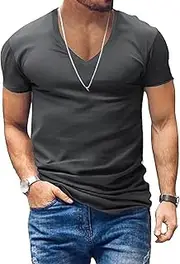 [Zylphorix] Men V-Neck Solid Casual Short-Sleeved T-Shirt Classic Comfortable Sport Training Shirt Summer Thin Exercise Tops, Dark Grey, Medium