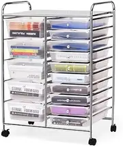 Costway 15-Drawer Rolling Storage Cart, Mobile & Lightweight Storage Trolley Rack File Cabinet, for School, Office, Home, Kitchen, Beauty Salon (Clear)