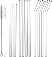 HiKiHUA 12-Pack Glass Straws Reusable Drinking Straw, Including 4 Straight and 4 Bent Straws & 2 Extra Wide Straw with 2 Cleaning Brushes, Dishwasher Safe for Smoothies, Milkshakes, Juices