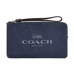 COACH 白字刺繡LOGO深藍提把設計丹寧布拉鍊手拿包(大/丹寧藍)