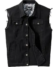[RongYue] Men's Casual Button-Down Denim Vest Sleeveless Jacket with Broken Holes