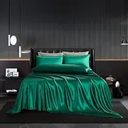 HommxJF 5Pcs Blackish Green Silky Satin Sheets Set Full Size Satin Sheets Comforter Bedding Sheets with 1 Satin Flat Sheet,1 Deep Pocket,1 Fitted Sheet,3 Pillowcases with Envelope Closure