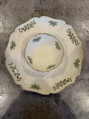 Lenox Bone China Holiday Pattern Attached Chip Plate & Dip Bowl Set, EC USA MADE