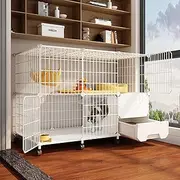 Cat Cage, Cat Enclosures Indoor, Large Cat Playpen, Pet Playpen with Cat Litter Box, Metal Cat House Detachable, Movable Cat Cage Enclosure, Load 20kg, White(43.7x15.3x30.3in)
