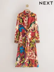 Dark Red Paisley Print Twist Front Maxi Shirt Dress (F13537) | $122