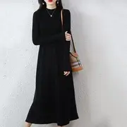 Long-Sleeve Crew Neck Plain Knit Midi A-Line Dress Black - One Size