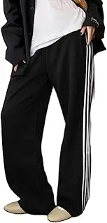 [KMBANGI] Women Striped Track Pants Elastic Waist Straight Leg Sweatpants Joggers Wide Leg Side Stripes Pants with Pockets
