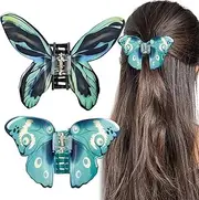 2 PACK Butterfly Hair Clips, Medium Butterfly Clips for Thick Thin Hair, Beautiful Girls Butterfly Hair Claw Clips Non Slip Hair Accessories for Women Girls (Blue-Green, One size)