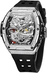 [OUPINKE] Automatic Skeleton Mens Watch with Dragon Design Luxury Diamond Sapphire Crystal Waterproof Luminous Wristwatch Silicone Band