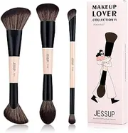Jessup Face Makeup Brushes 3pcs Double Ended Makeup Brush Set for Foundation Contour Blush Highlight and Powder, Premium Synthetic Make up Brushes Peach Dust T508