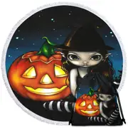 Halloween Night Big Eyed Witch and Pumpkin Round Beach Towel