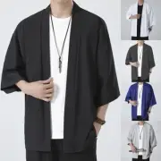 Stylish Shirt Top Japanese Kimono Men No Collar Open Front Outerwear Robe