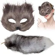 Fox Mask and Fox Tail, Soft Furry Mask and Tail Keychain, Realistic Faux Fur Animal for Handbag Backpack Cosplay