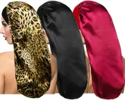 Dumrotite 3 PCS Extra Large Satin Sleep Bonnet - Long Hair Big Sleep Cap with Wide Elastic Soft Band Night Sleeping Bonnets for Women Hair Care