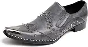 [Generic] Oxford for Men Formal Shoes Slip On StyleGenuine Leather Rivet Low Top Metal Pointed Toe Flats Block Heel