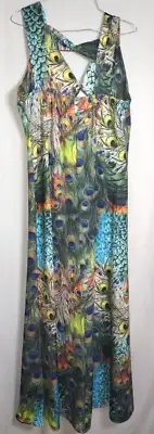 MT Collection Maxi Dress peacock feather Print Womens Sz L sleeveless NWT