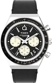 Men's Q Timex Chronograph 40mm Black Leather Strap TW2V42700 Dress Watch, Black, 40mm
