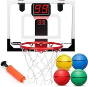 Indoor Mini Basketball Hoop Electronic Scoreboard with 4 Replacement PVC Mini Soft Basketballs, Over The Door Basketball Hoop Basketball Toys for Boy Girl Toddler Teen Men Gift