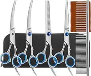 GTNCE Professional Dog Scissors Set, 5-in-1 Dog Scissors with Safety Round Tip, Including Thinning Scissors, Curved Scissors, Straight Scissors, Grooming Comb, Stainless Steel Grooming Scissors for
