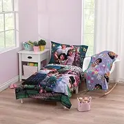 Disney Encanto Power Trio Purple and Teal 5 Piece Toddler Bedding and Blanket Bundle Set - Comforter, Fitted Bottom Sheet, Flat Top Sheet, Reversible Pillowcase and Blanket