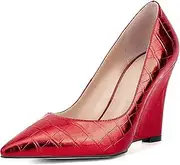 [UP2STEP] Women Fashion Patent Vegan Leather Printed Wedge High Heeled Slip on Slide Dress Shoes