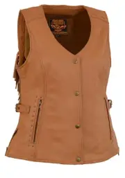 Milwaukee - Ladies Snap Front TAN Leather Vest w/ Fringe Detailing - MLL4566