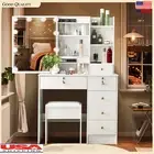 Dressing Table Sliding Mirror Stool Makeup Table Chairs Set Vanity Desk 6 Drawer