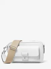 Michael Kors Bradshaw Medium White Silver Leather Messenger Camera Crossbody Bag