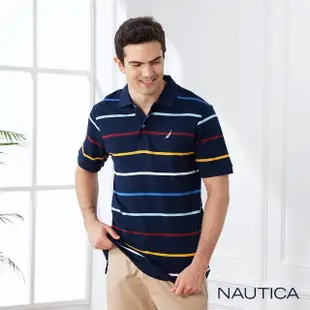 【NAUTICA】男裝 夏日清新條紋短袖POLO衫(海軍藍)