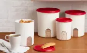 Tupperware Brand New One Touch Reminder Canister Set White w/ Red Seals