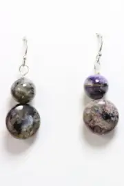 Siberian Charoite Purple 10mm Coin Gemstone .925 Sterling Silver Earrings 1.25"