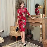 [SMDSAZ] Cheongsam Stand Collar Fashion Velvet Dress Chinese Traditional Dresses Qipao (Color : Red, Size : XL)