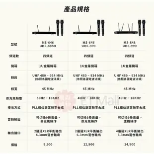 J-POWER MS-646/UHF-888H 可手持四支 心型指向大音頭 專業無線麥克風