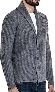 [SWJGLITTR] Men's Classic Shawl Collar Casual Knitwear Cable Knit Button up Sweaters for Men Big Tall Long Sleeve Cardigans, Dark Grey, Medium
