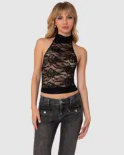 EDIKTED Womens Alena High Neck Sheer Lace Top BLACK