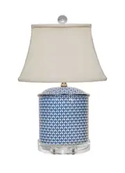 Table Lamp - Porcelain Blue White Fish Scale Jar Lamp Crystal Base 19.5"H 12"W