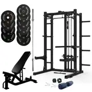 Pre Order Multifunctional Squat Rack Bundle - 150kg Black Bumper Weight Plates, Barbell & Workout Bench