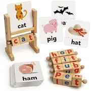 Coogam Color Blocks Spelling Games, Flash Cards Wooden Matching Letter Puzzle for Kids, 2 in 1 Sight Words Montessori Spinning Alphabet Manipulative Learning Toy for Toddlers Boys Girls