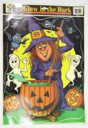 K-Mart VTG 90s Halloween Color Window Clings RARE Witch Cauldron Glow in Dark