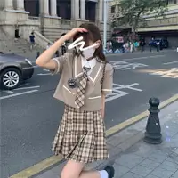 在飛比找樂天市場購物網優惠-韓式校服jk制服女夏學院風套裝高中生班服英倫風格子百褶裙短袖