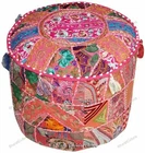 Indian Vintage Embroidered Floral Ottoman Pouf Pink Footstool Ethnic Decor