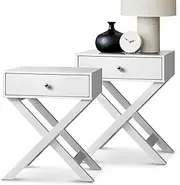 Oikiture Bedside Table Set of 2 White Bed Side Table with Cross Legs