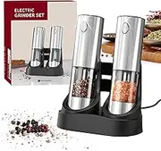 ANNIVERS Electric Pepper & Salt Grinder Set, Automatic Seasoning Mill, Type-C Rechargeable Coarseness Adjustable, with LED Light, 95ml Enlarged Silo & Washable Storage Base, Stainless Steel