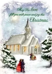 Merry Christmas Love Peace Happiness Snowy White Church Steeple Greeting Card