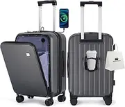 [BISON DENIM] 20 Inch Carry On Luggage, PC Lightweight Hardside Expandable Carry-On Luggage Airline Approved With Spinner Wheels, Front laptop Compartment, Cup Holde, TSA-approved Lock, USB Port, Dark
