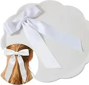 Satin White Hair Bow Clip for Women Girls - Double-Layer Long Tail Ribbon Hair Accessories with Adjustable Ponytail Holder (Wedding/Party/Essentials)