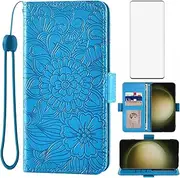 [Asuwish] Mobile Phone Case for Samsung Galaxy S23 Ultra 5G Case with Glass Film Screen Protector and Card Slot Foldable Leather Wallet Stand S23Ultra 23S S 23 23Ultra Mobile Phone Flowers Protective