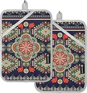 Kitchen Pot Holders Heat Resistant Colorful Vintage Boho Floral Patterns Potholders with Pockets Hot Pads Oven Mitts 2 Pack